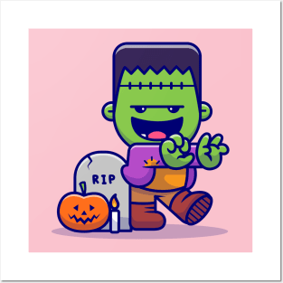 Cute Frankenstein Walking Cartoon Posters and Art